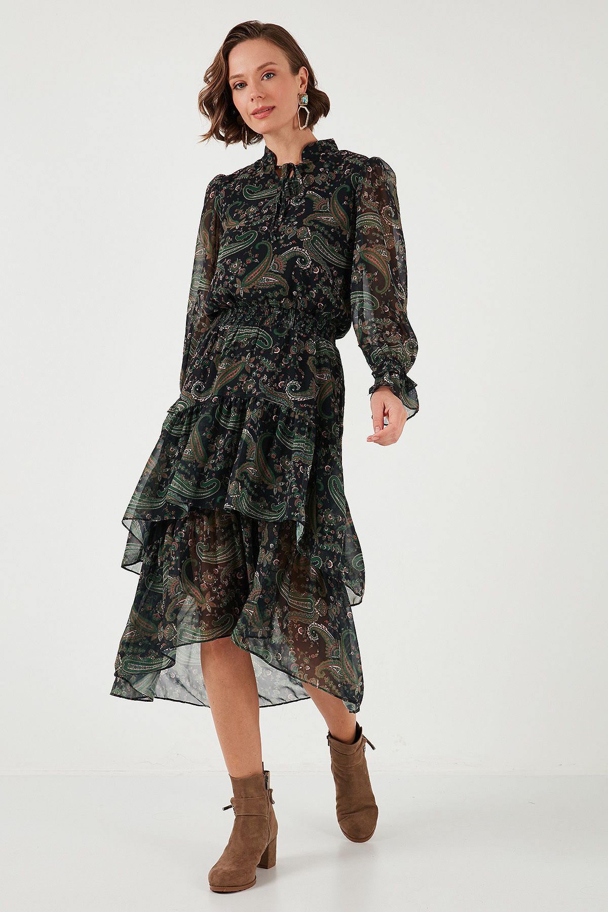 Regular Fit Yaka Detaylı Volanlı Şifon Midi Elbise ELBİSE 611EL1448 Regular Fit Yaka Detaylı Volanlı Şifon Midi Elbise ELBİSE 611EL1448