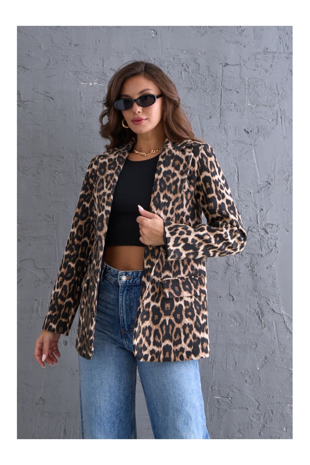 Leopar Blazer Kaşe Ceket