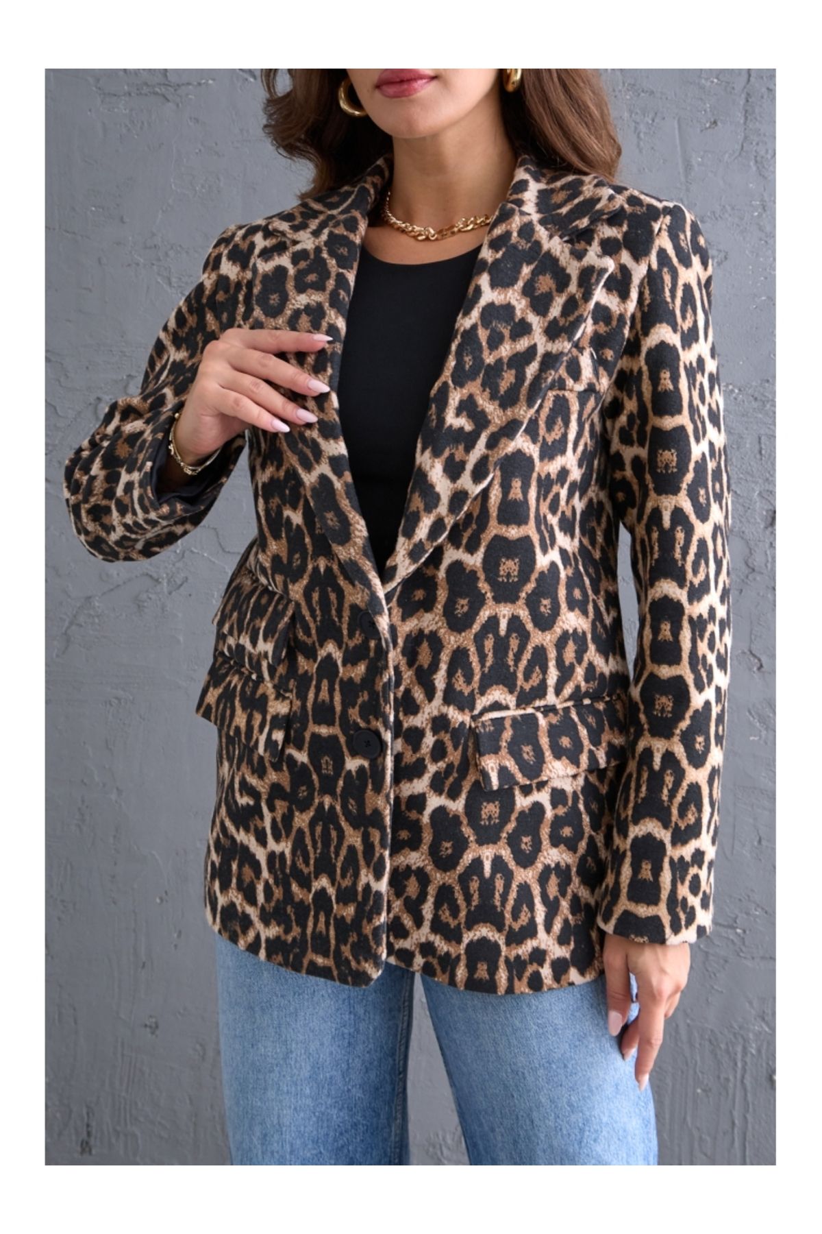 Leopar Blazer Kaşe Ceket