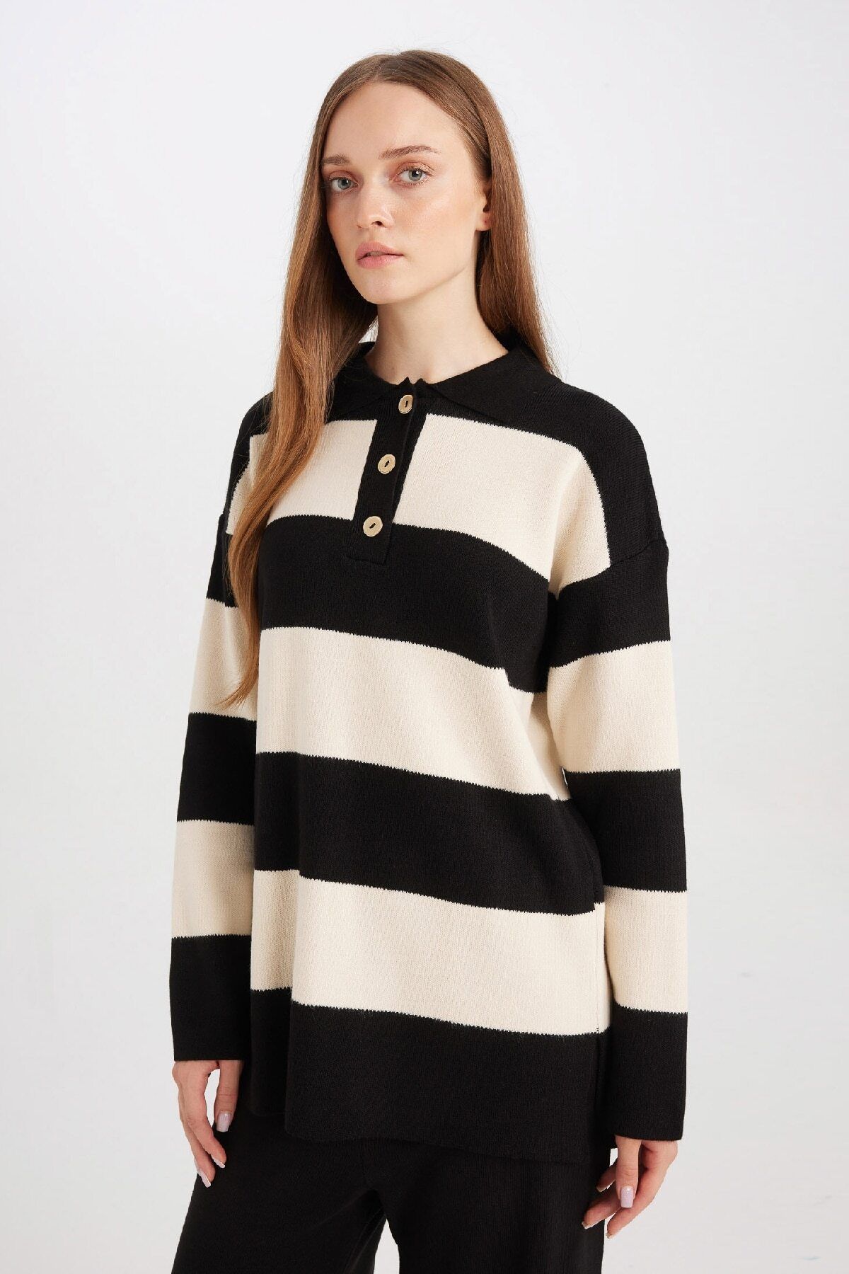 Regular Fit Polo Yaka Düğmeli Çizgili Kazak Tunik D2442ax24wn Regular Fit Polo Yaka Düğmeli Çizgili Kazak Tunik D2442ax24wn
