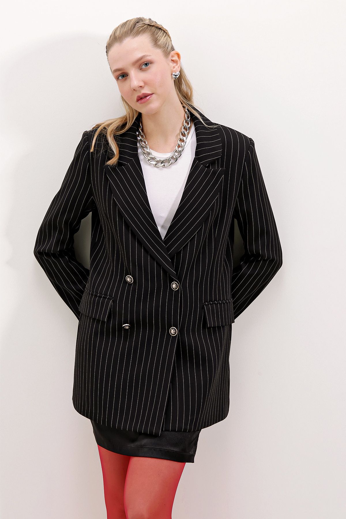 Kadın Siyah Çift Düğmeli Çizgili Blazer Ceket 0699 Kadın Siyah Çift Düğmeli Çizgili Blazer Ceket 0699
