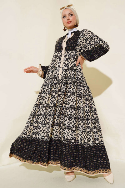 Kadın Siyah Krem Desenli Viskon Tesettür Elbise 2423 Kadın Siyah Krem Desenli Viskon Tesettür Elbise 2423