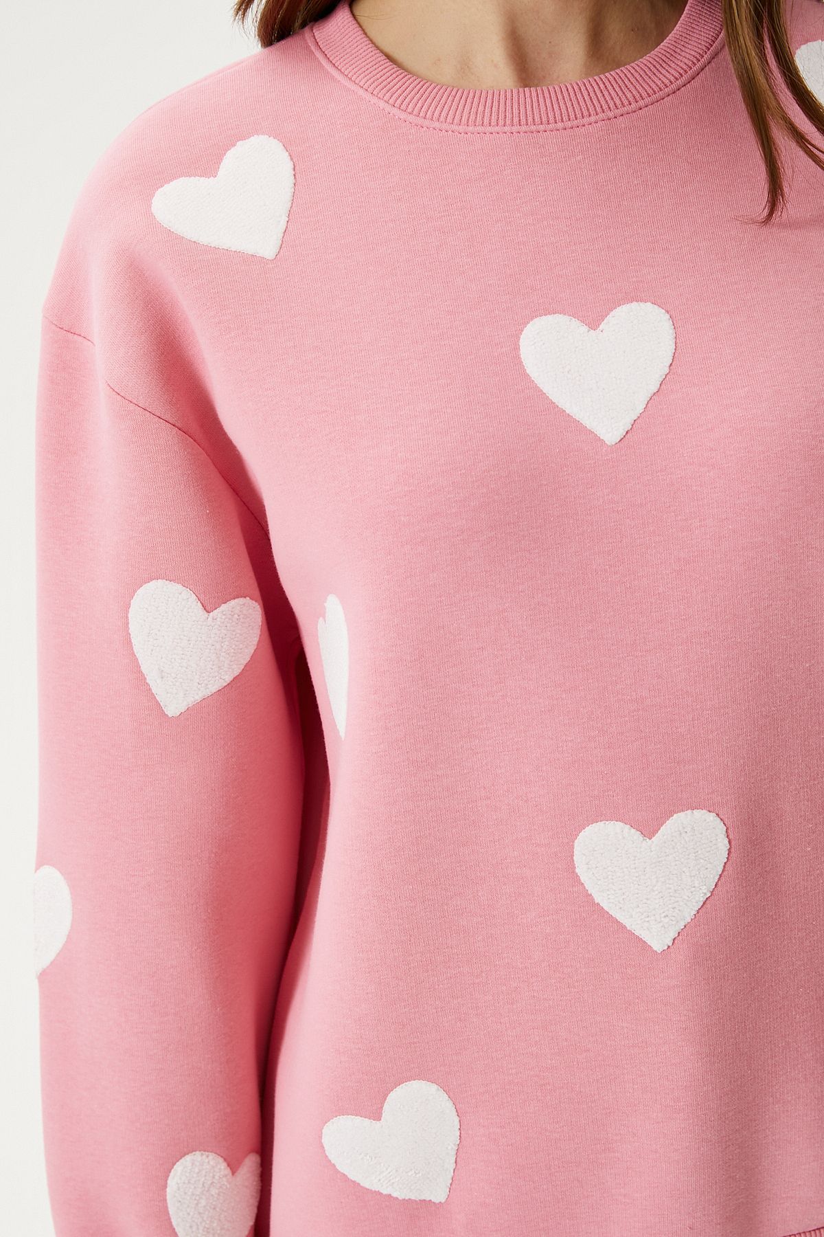 Kadın Love Kalp Nakışlı Pembe Sweatshirt