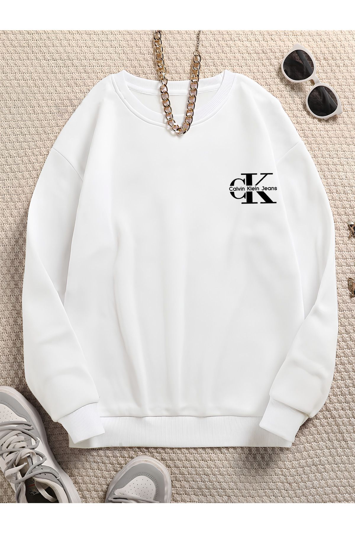 Unisex Erkek/Kadın CK Özel Baskılı Renkli Oversize Pamuklu Bisiklet Yaka Sweatshirt