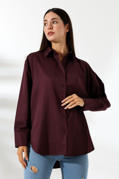 Oversize Mikro Saten Dökümlü Bordo Kadın Gömlek Oversize Mikro Saten Dökümlü Bordo Kadın Gömlek
