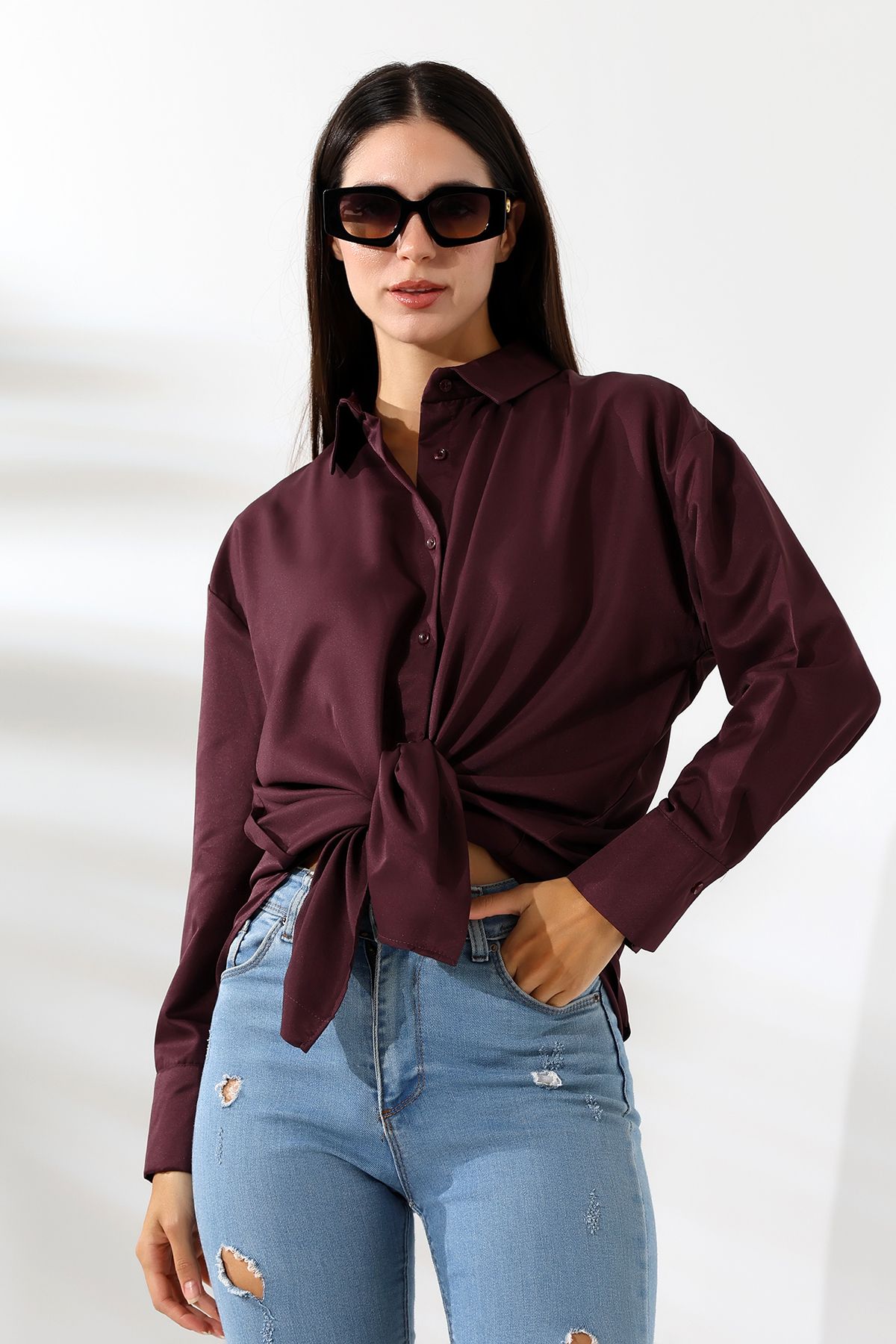 Oversize Mikro Saten Dökümlü Bordo Kadın Gömlek Oversize Mikro Saten Dökümlü Bordo Kadın Gömlek