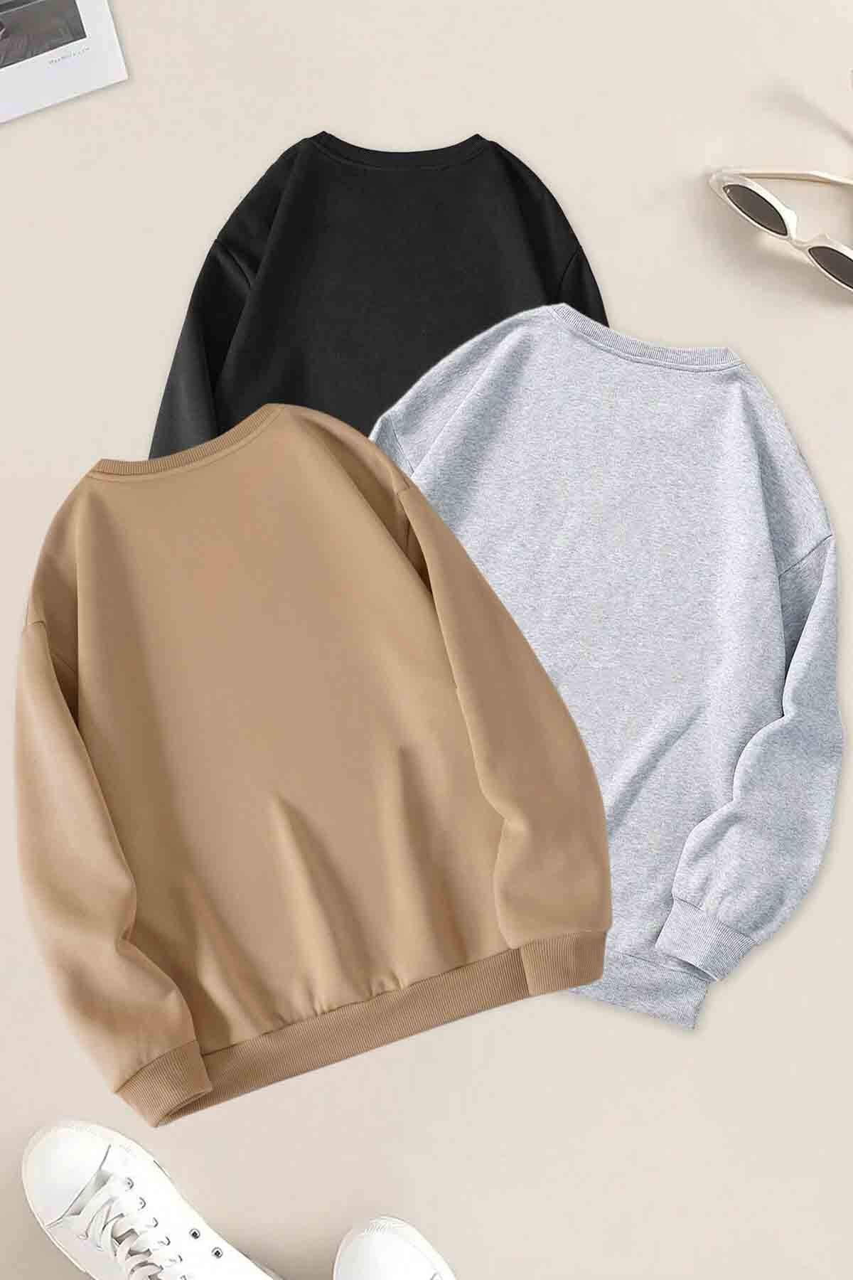 3'lu Paket Bej Gri Siyah Oversize Sweatshirt