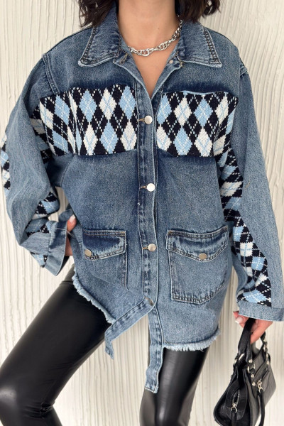 Kadın Triko Detaylı Altı Püsküllü Cepli Oversize Kot Ceket Kadın Triko Detaylı Altı Püsküllü Cepli Oversize Kot Ceket