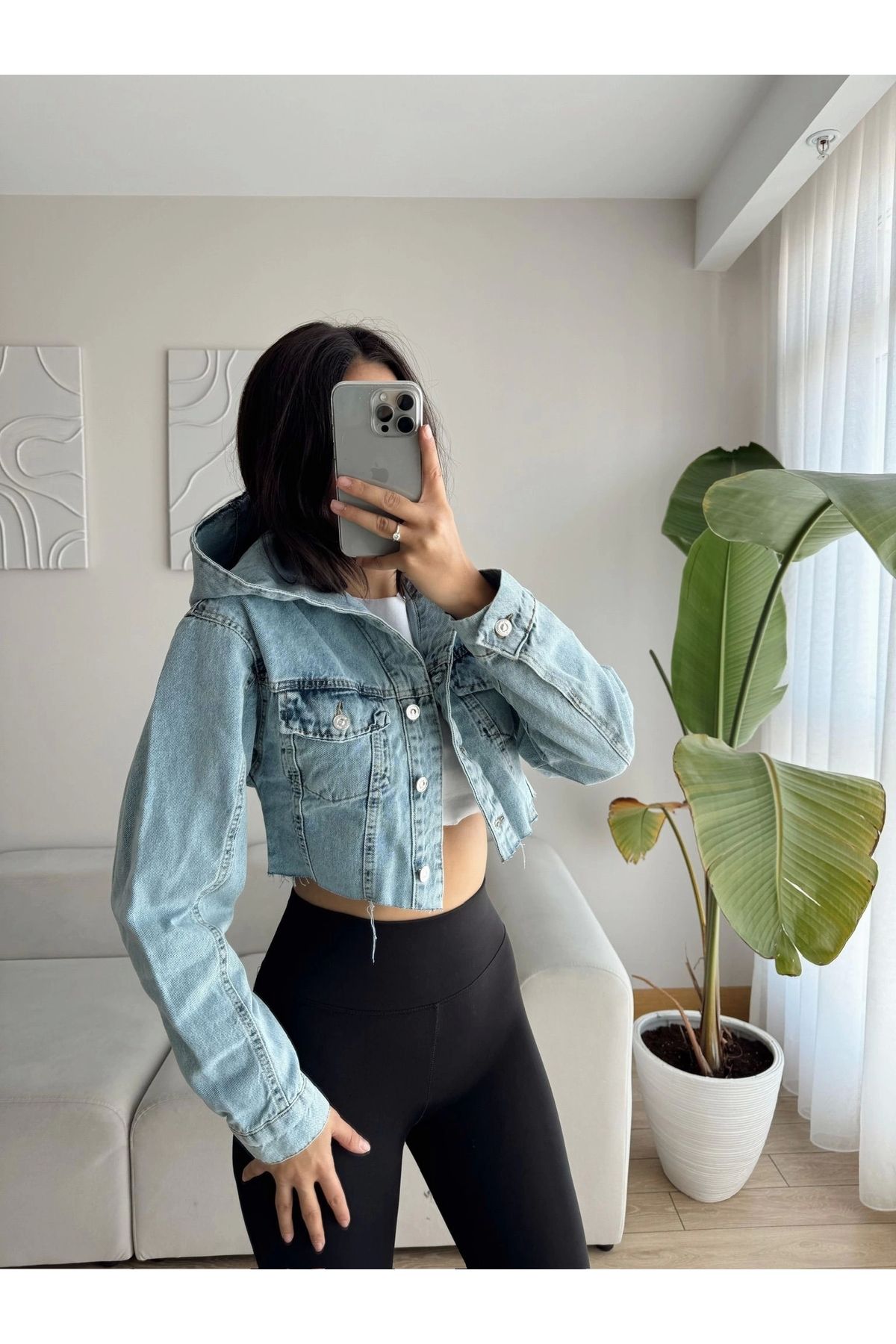 Kapüşonlu Crop Denim Ceket