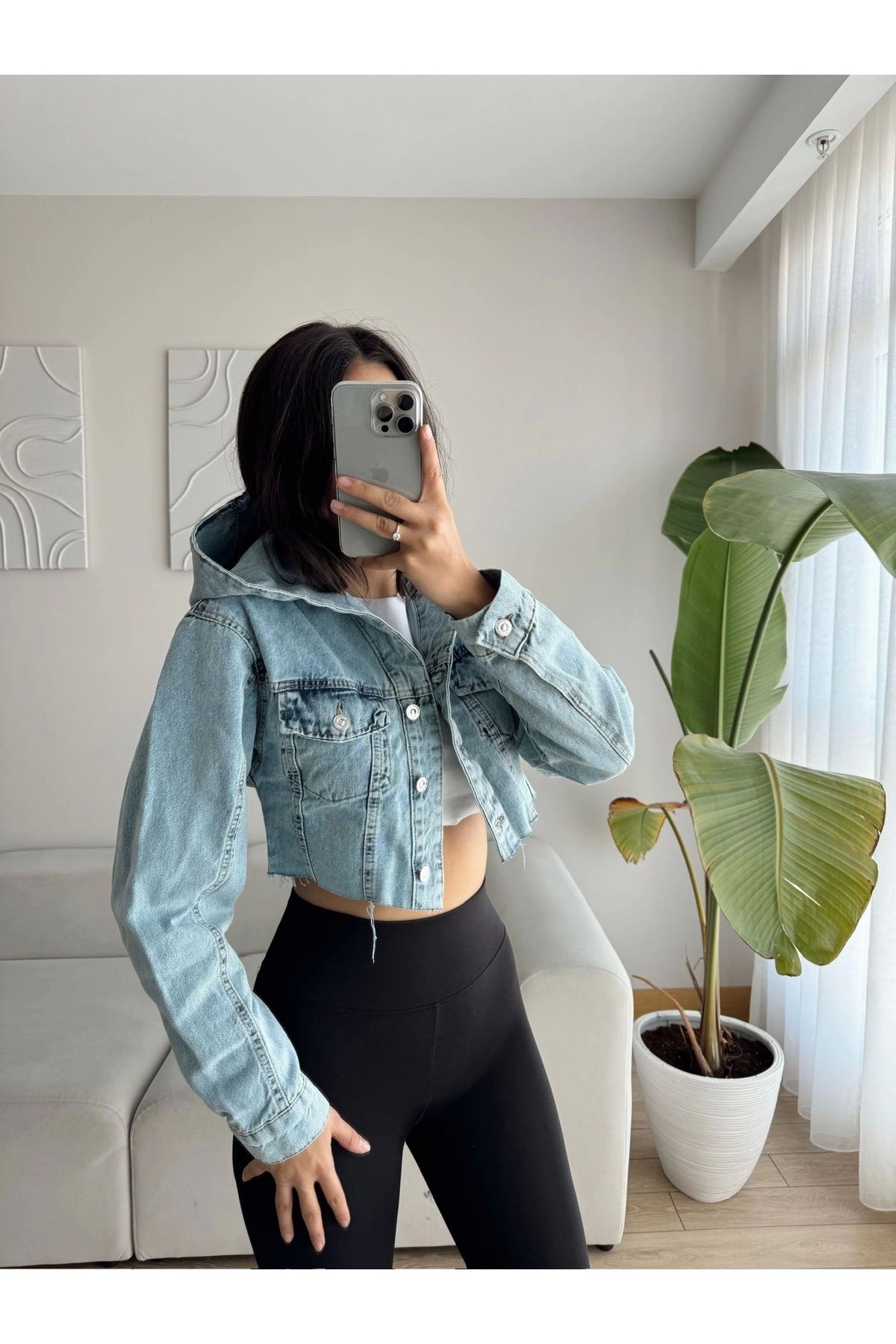 Kapüşonlu Crop Denim Ceket Kapüşonlu Crop Denim Ceket