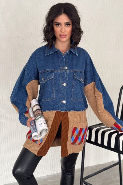 Kadın Standart Beden Düğmeli Cepli Renkli Triko Detaylı Oversize Kot Ceket Kadın Standart Beden Düğmeli Cepli Renkli Triko Detaylı Oversize Kot Ceket