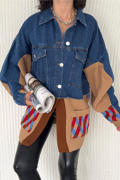 Kadın Standart Beden Düğmeli Cepli Renkli Triko Detaylı Oversize Kot Ceket Kadın Standart Beden Düğmeli Cepli Renkli Triko Detaylı Oversize Kot Ceket