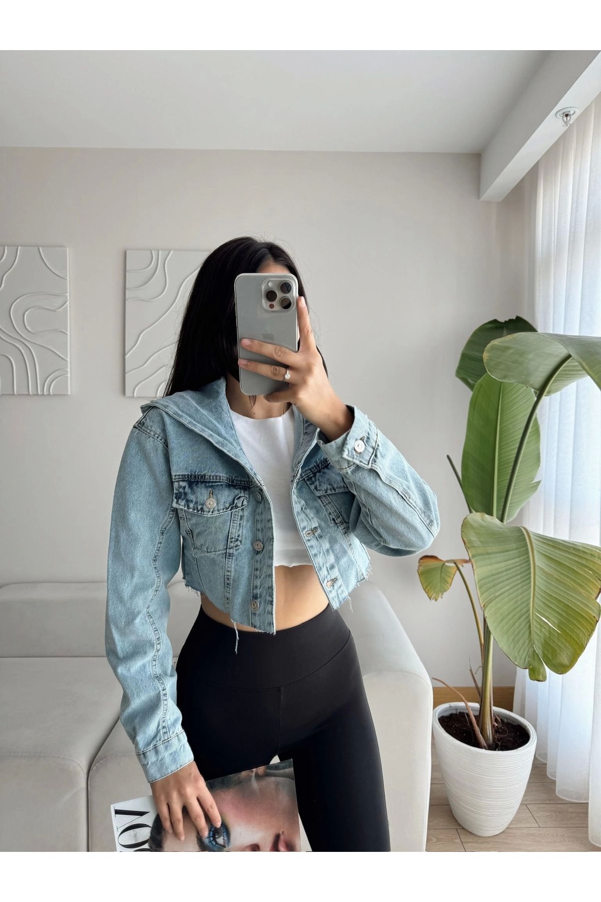 Kapüşonlu Crop Denim Ceket