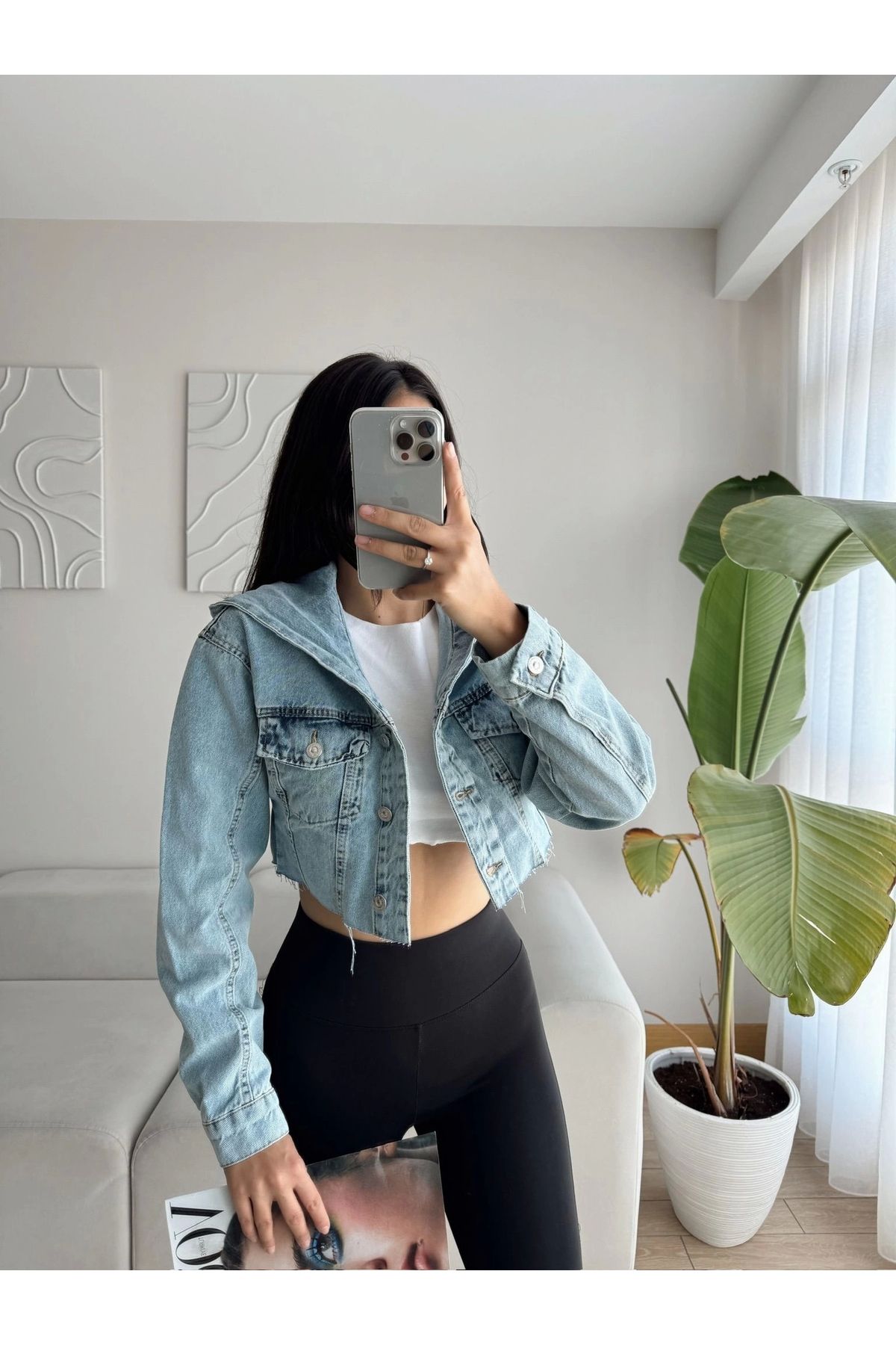 Kapüşonlu Crop Denim Ceket Kapüşonlu Crop Denim Ceket