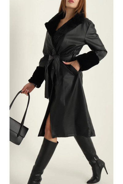 Kadın Siyah Astarlı Kürk Detay Deri Trenç Mont Kadın Siyah Astarlı Kürk Detay Deri Trenç Mont