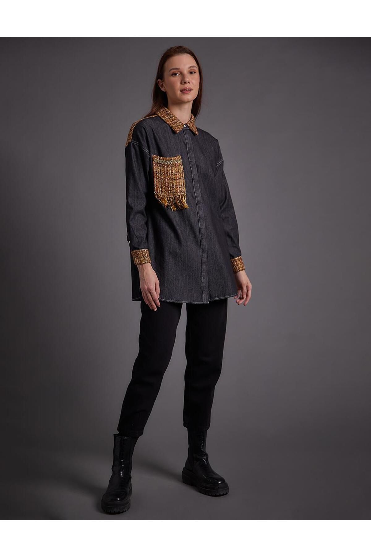 Tüvit Ve Denim Garnili Tunik Siyah Tüvit Ve Denim Garnili Tunik Siyah
