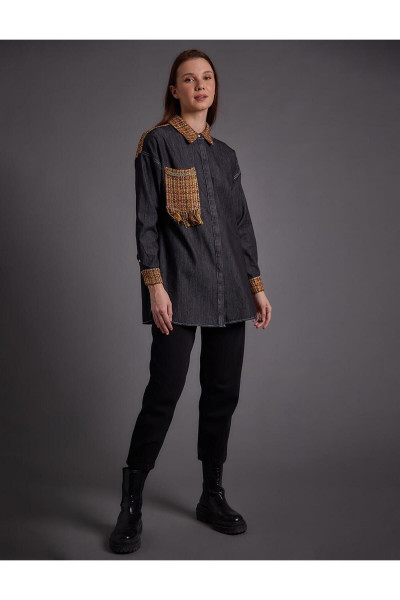 Tüvit Ve Denim Garnili Tunik Siyah Tüvit Ve Denim Garnili Tunik Siyah