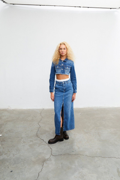 Kuşgözlü crop denim ceket Kuşgözlü crop denim ceket