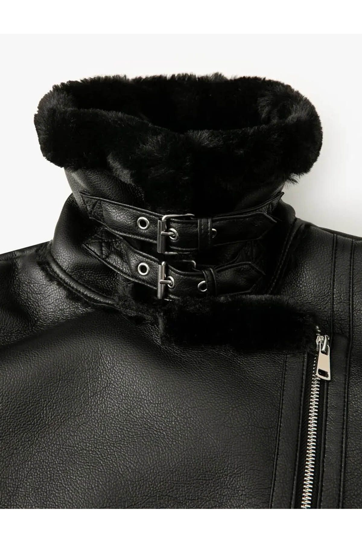 Yakası Kürklü Fermuarlı Cepli Biker Mont Yakası Kürklü Fermuarlı Cepli Biker Mont