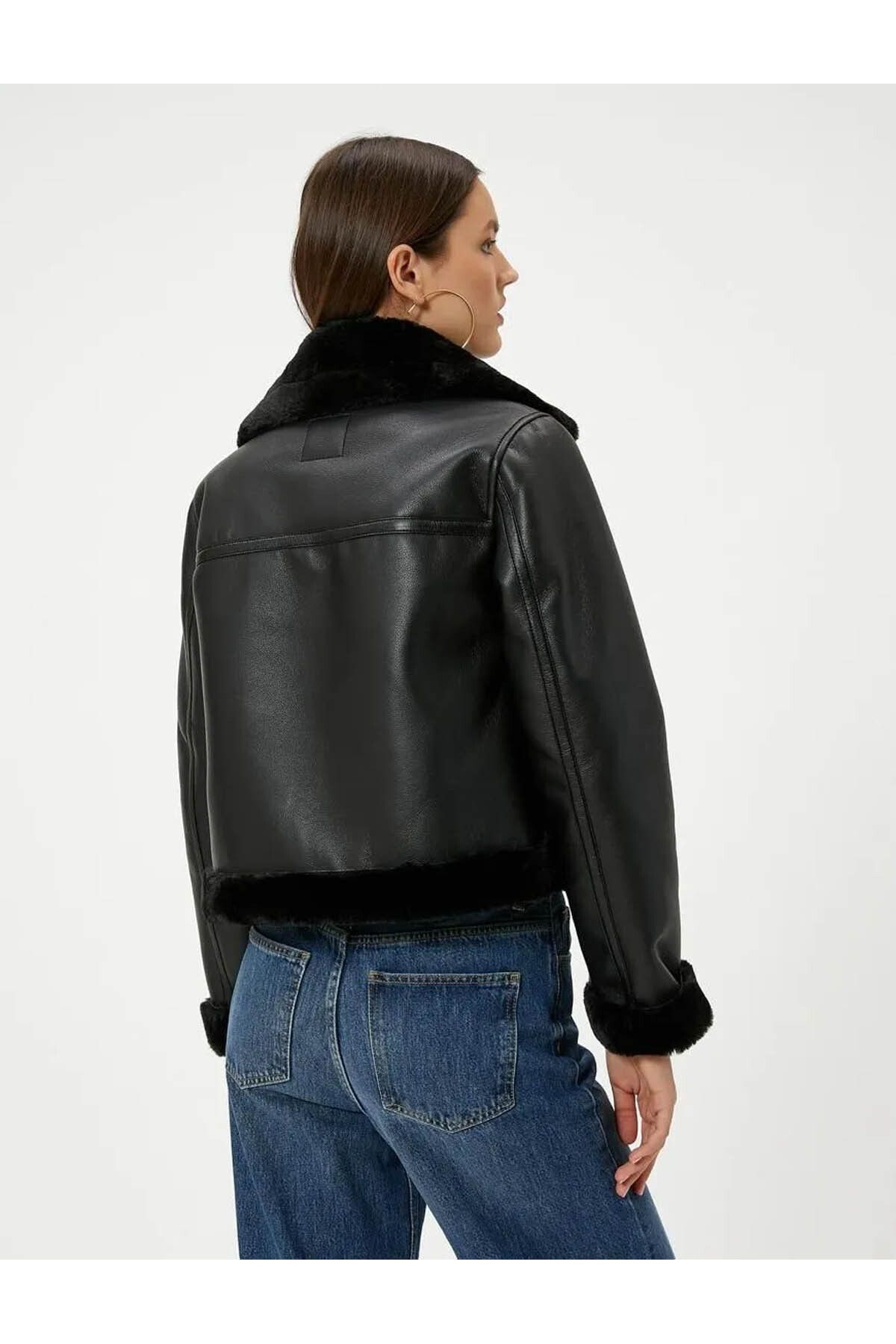Yakası Kürklü Fermuarlı Cepli Biker Mont Yakası Kürklü Fermuarlı Cepli Biker Mont