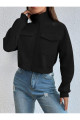 Kadın Dik Yaka Cepli Siyah Crop Ceket - Sweatshirt Hırka