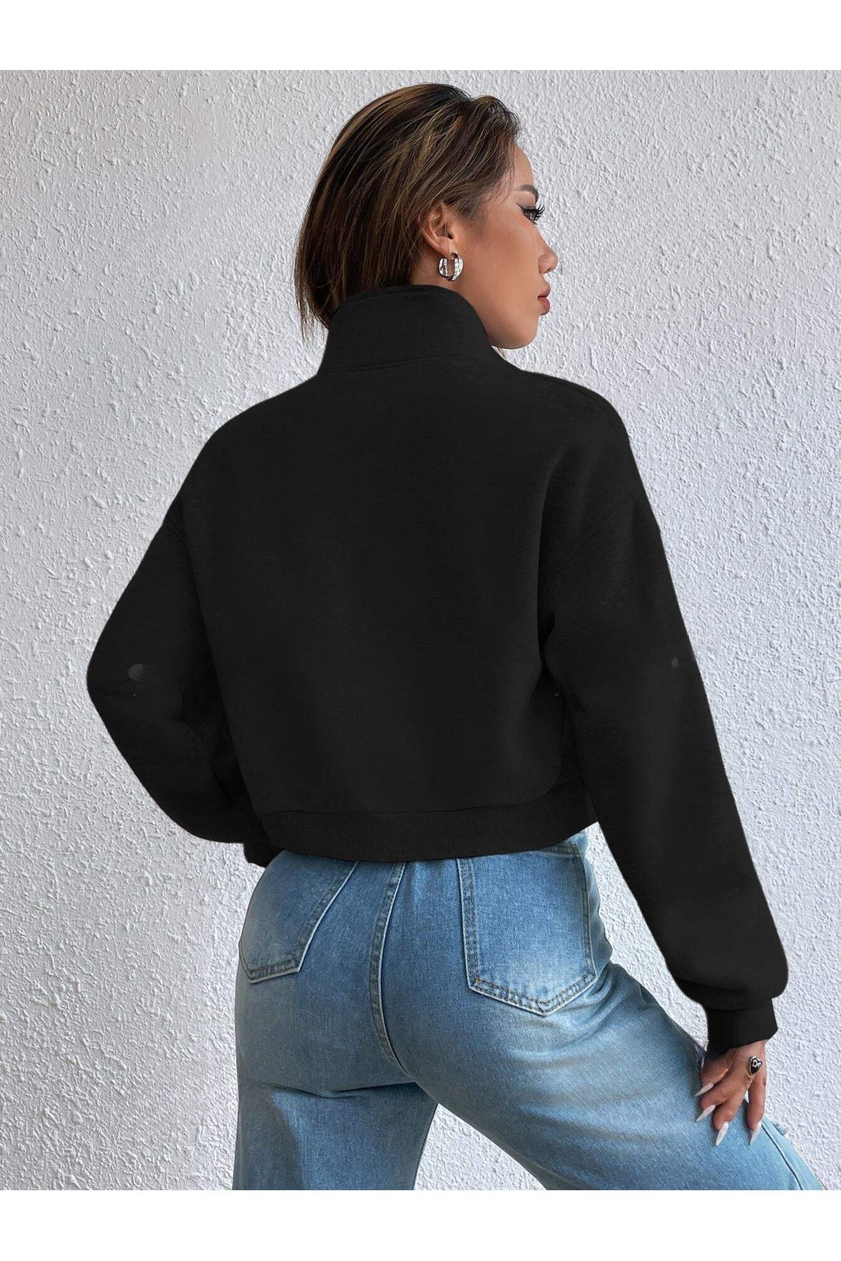 Kadın Dik Yaka Cepli Siyah Crop Ceket - Sweatshirt Hırka