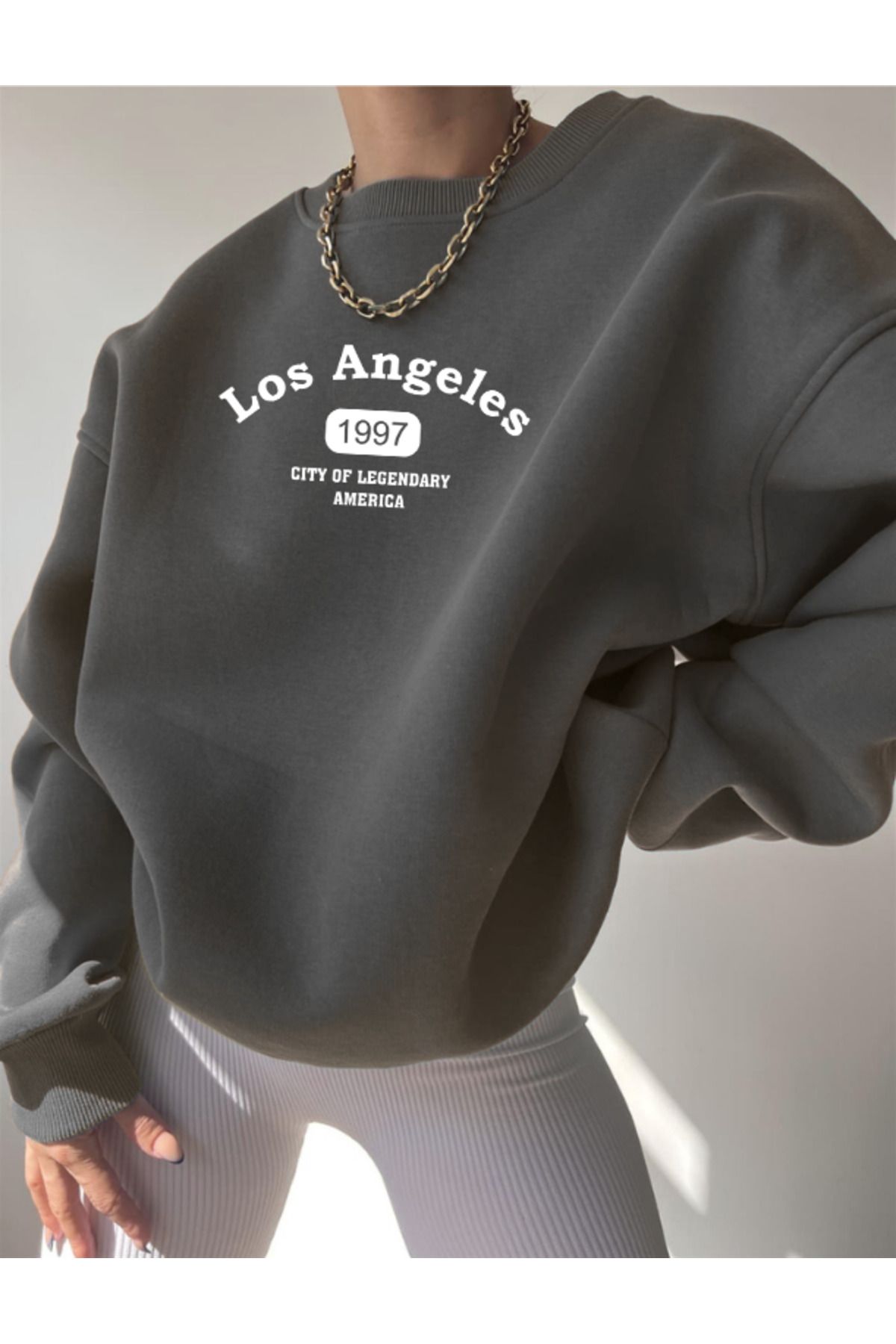 Los Angeles 1997 Sweatshirt - Füme Baskılı Oversize Kışlık Kalın Bisiklet Yala