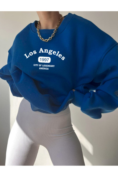 Los Angeles 1997 Sweatshirt - Saks Mavisi Baskılı Oversize Kışlık Kalın Bisiklet Yala Los Angeles 1997 Sweatshirt - Saks Mavisi Baskılı Oversize Kışlık Kalın Bisiklet Yala
