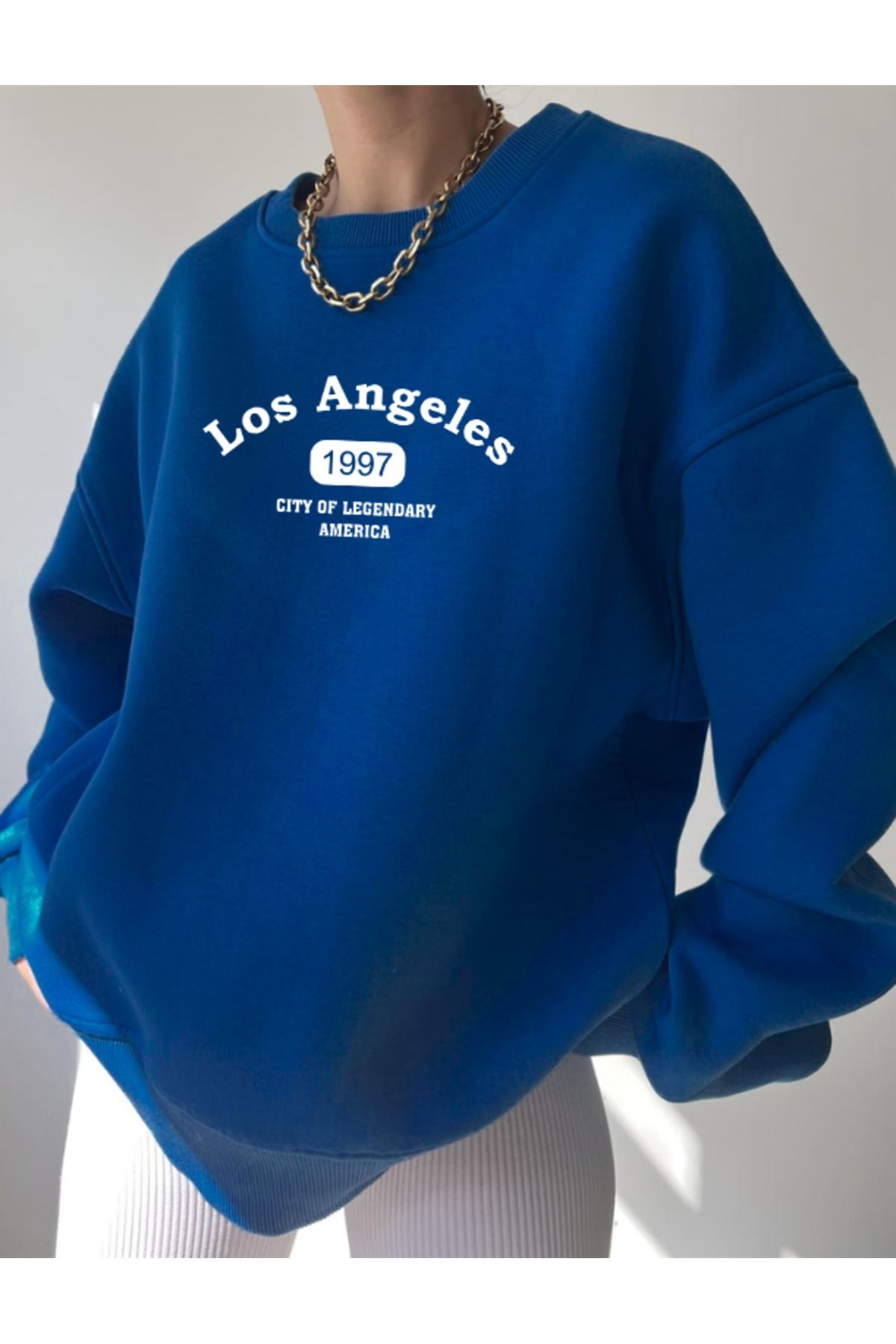 Los Angeles 1997 Sweatshirt - Saks Mavisi Baskılı Oversize Kışlık Kalın Bisiklet Yala