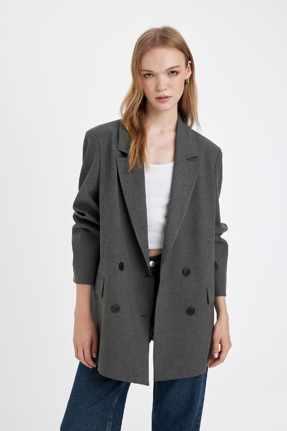 Oversize Geniş Kalıp Ceket Yaka Düğmeli Tafta Basic Düz Blazer Ceket C2575ax24au Oversize Geniş Kalıp Ceket Yaka Düğmeli Tafta Basic Düz Blazer Ceket C2575ax24au