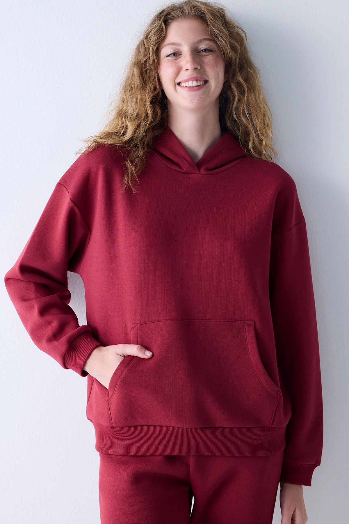 Bordo Kapüşonlu Oversize Şardonlu Sweatshirt