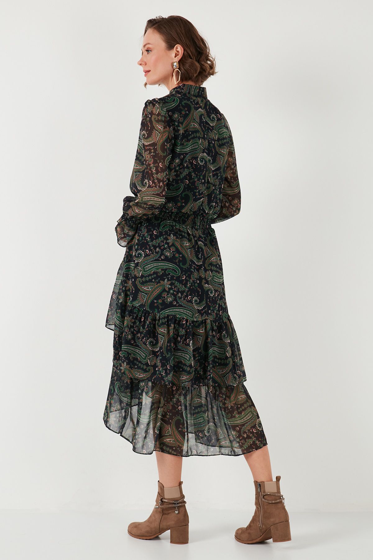 Regular Fit Yaka Detaylı Volanlı Şifon Midi Elbise ELBİSE 611EL1448 Regular Fit Yaka Detaylı Volanlı Şifon Midi Elbise ELBİSE 611EL1448