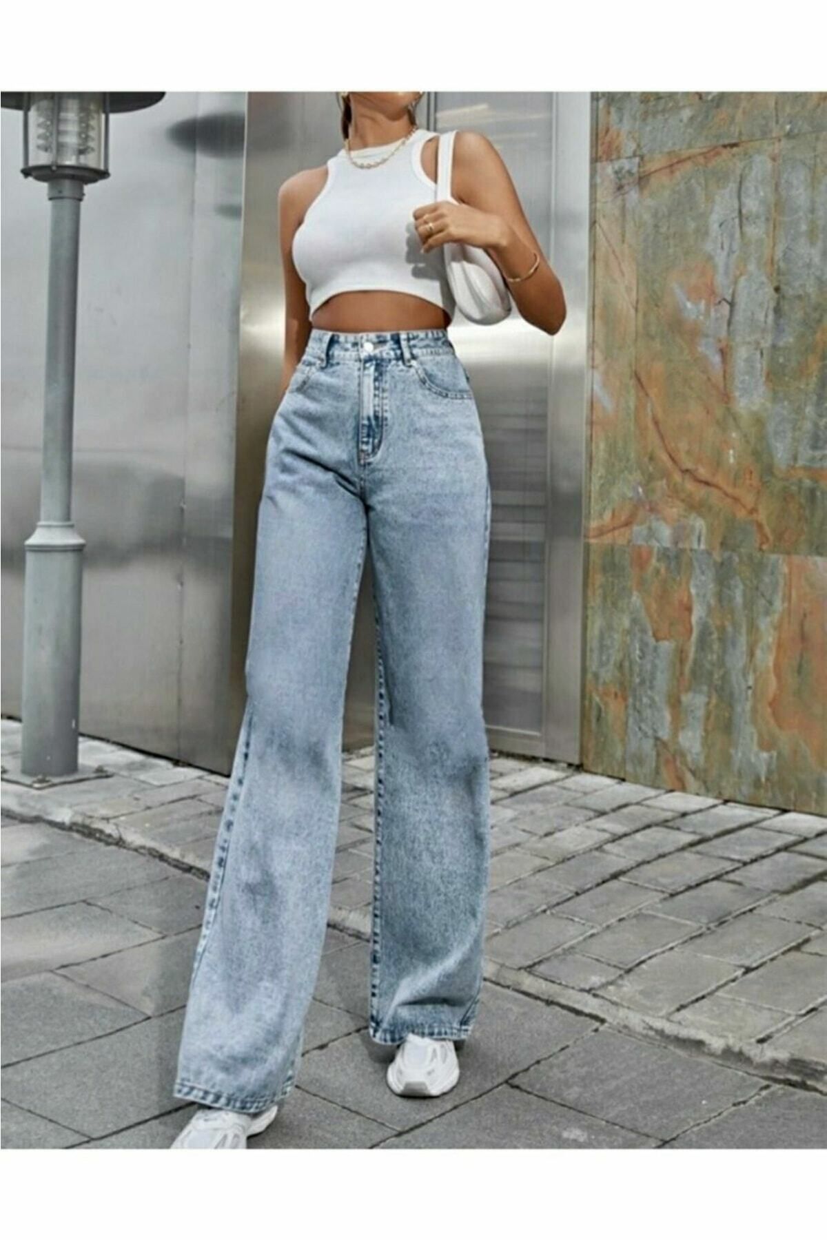 Alula Kadın Mavi Kar Yıkama Yüksel Bel Wide Leg Palazzo Jeans Pantolon