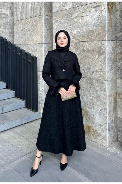 Kadın Tüvit Kumaş Şık Ceket Ve Etek Takım Siyah Kadın Tüvit Kumaş Şık Ceket Ve Etek Takım Siyah