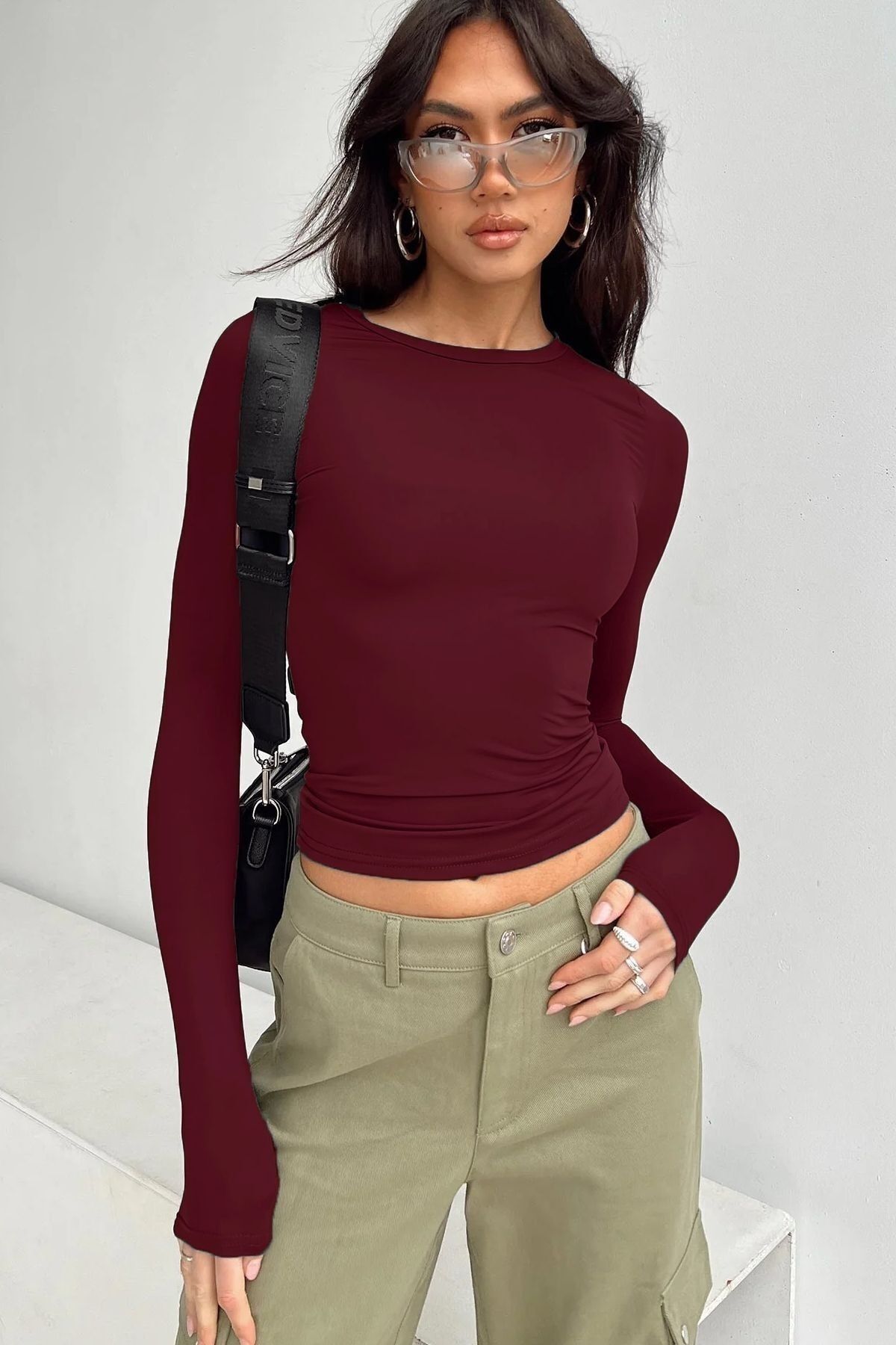 Bordo Siyah Füme Bisiklet Yaka Basic Uzun Kollu Body 3lü Set