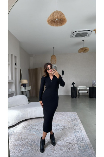 Siyah Fermuarlı Triko Kalem Elbise Siyah Fermuarlı Triko Kalem Elbise