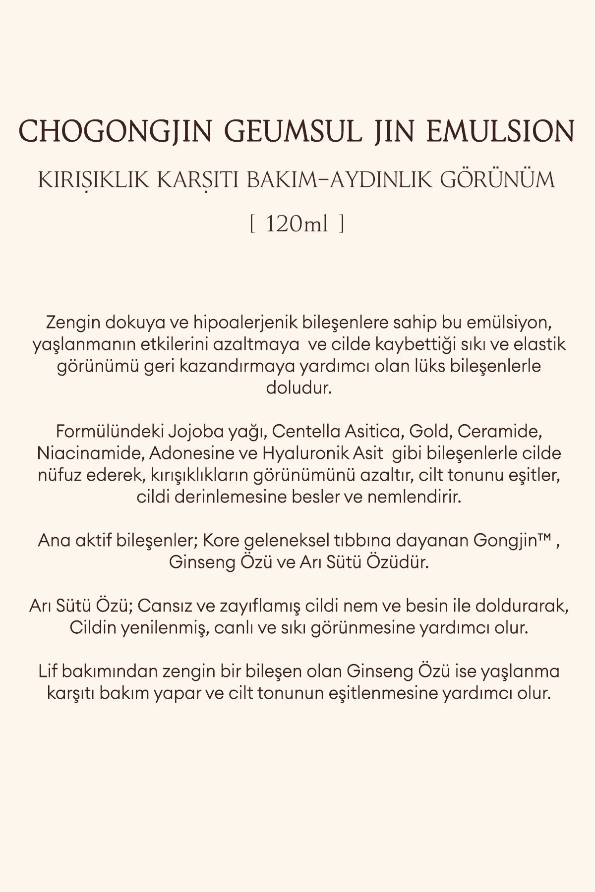 Yıpranmış Cildi Besleyen, Elastik Görünüme Yardımcı Emülsiyon CHOGONGJIN Geumsul Jin Emulsion