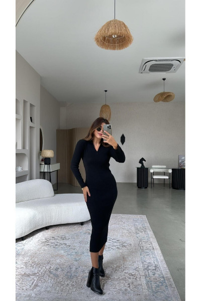 Siyah Fermuarlı Triko Kalem Elbise Siyah Fermuarlı Triko Kalem Elbise