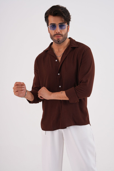 Keten Dokulu Oversize Erkek Gömlek Kahverengi Keten Dokulu Oversize Erkek Gömlek Kahverengi