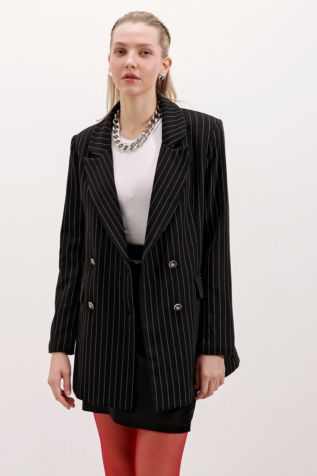 Kadın Siyah Çift Düğmeli Çizgili Blazer Ceket 0699 Kadın Siyah Çift Düğmeli Çizgili Blazer Ceket 0699