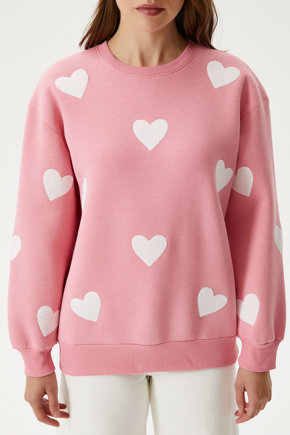 Kadın Love Kalp Nakışlı Pembe Sweatshirt