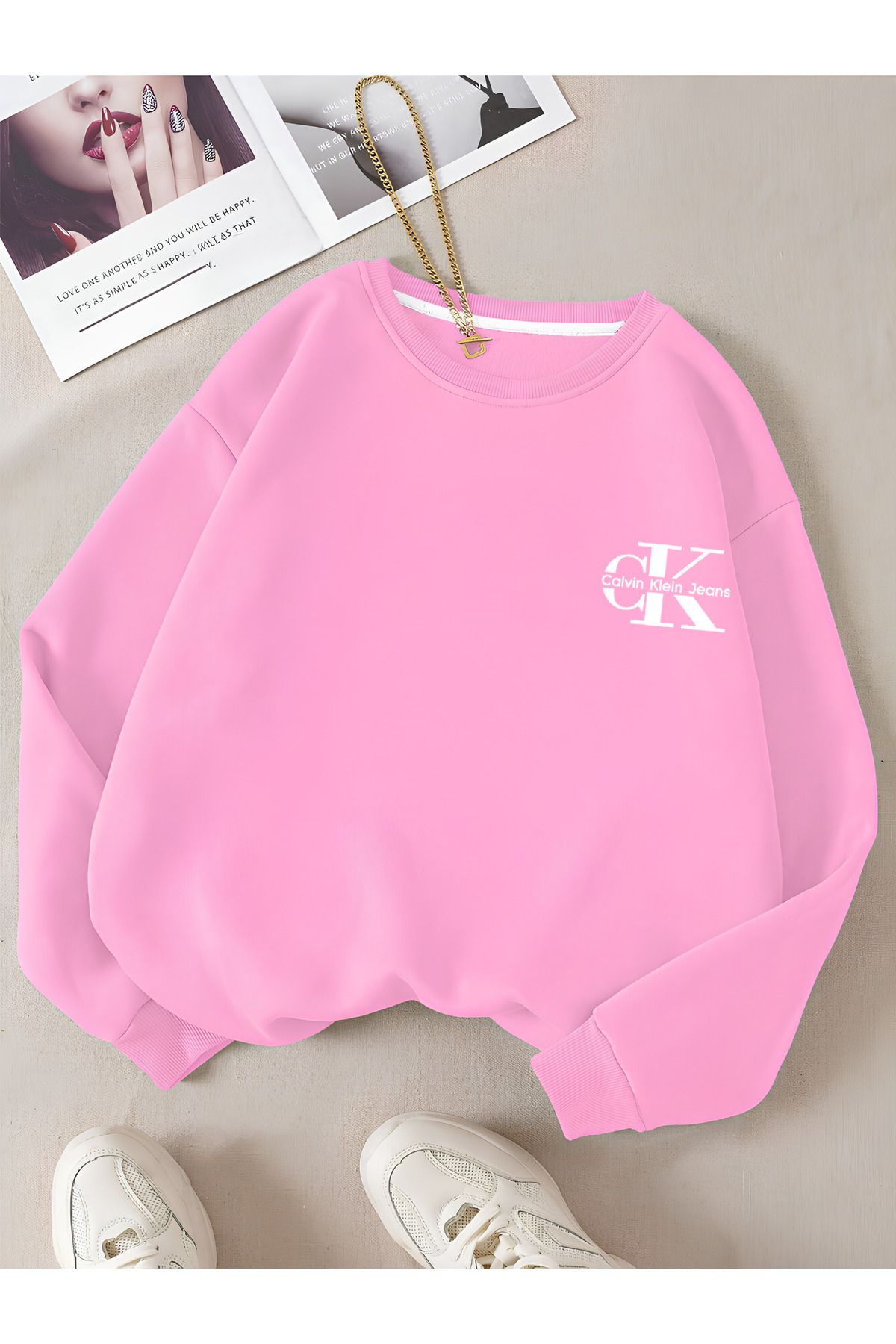 Unisex Erkek/Kadın CK Özel Baskılı Renkli Oversize Pamuklu Bisiklet Yaka Sweatshirt