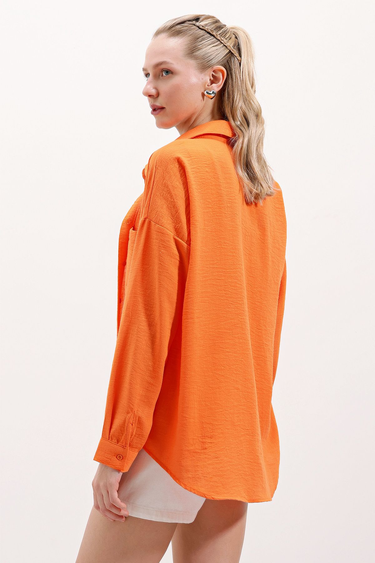 20153 Tek Cepli Oversize Keten Gömlek - Oranje