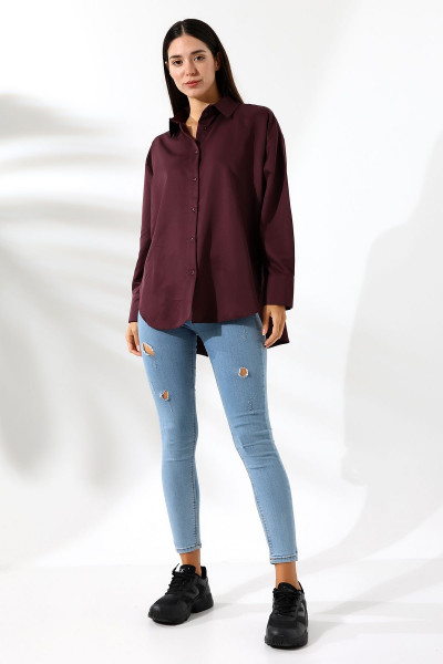 Oversize Mikro Saten Dökümlü Bordo Kadın Gömlek Oversize Mikro Saten Dökümlü Bordo Kadın Gömlek