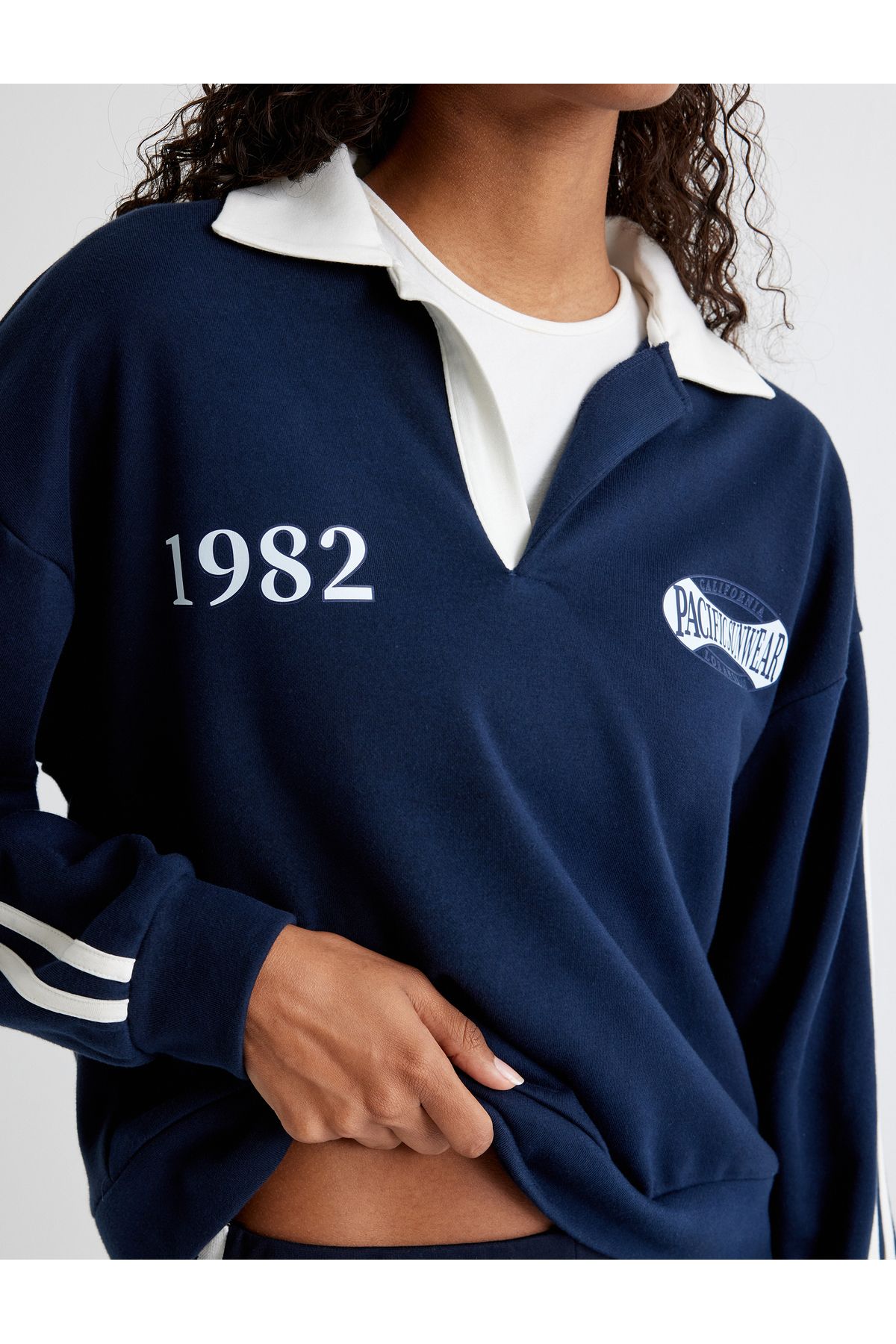 Polo Yaka Sweatshirt Çizgili Baskılı Üç İplik