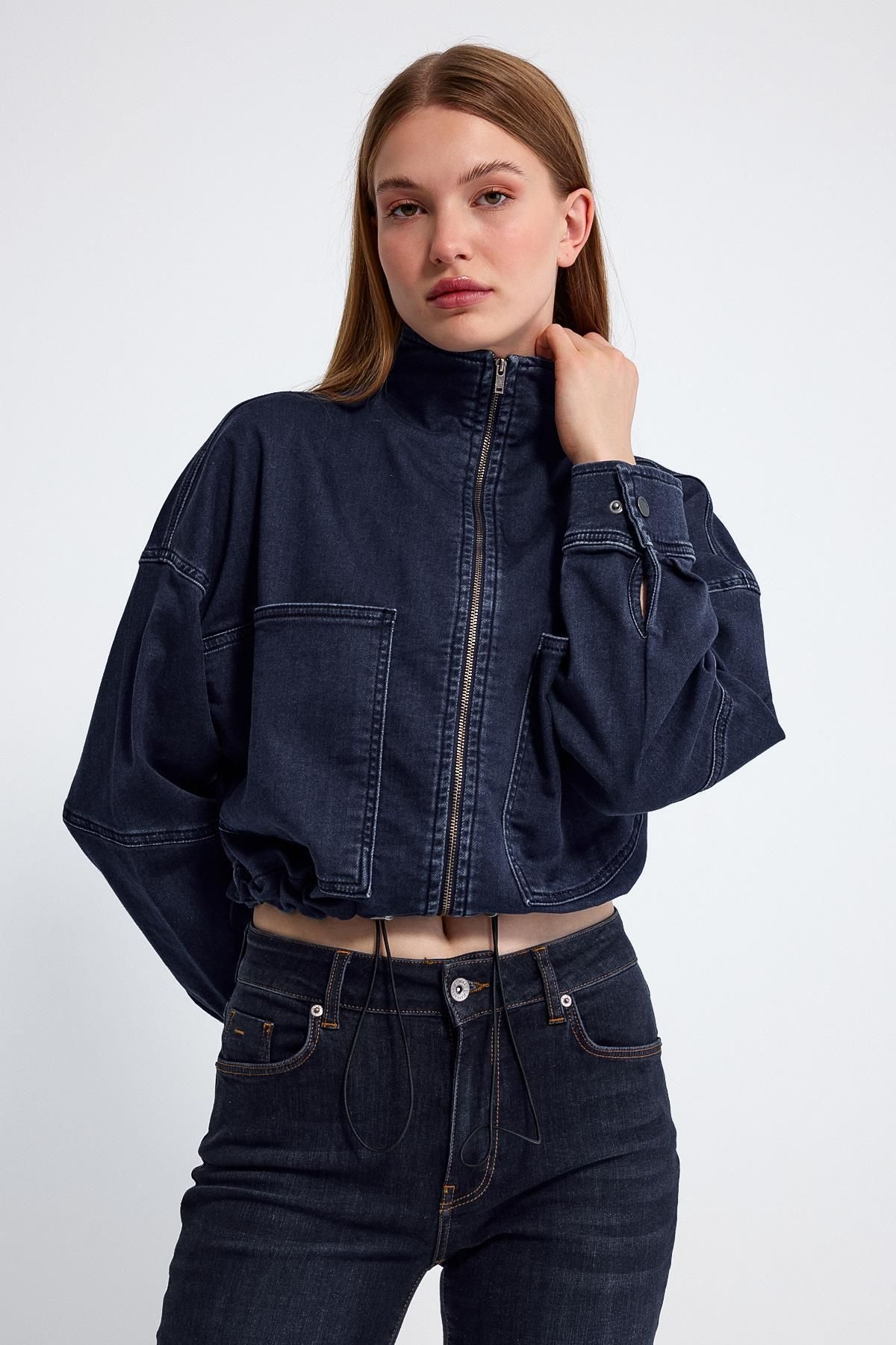 Kadın Marla Dark Blue Oversize Geniş Kesim Jean Ceket