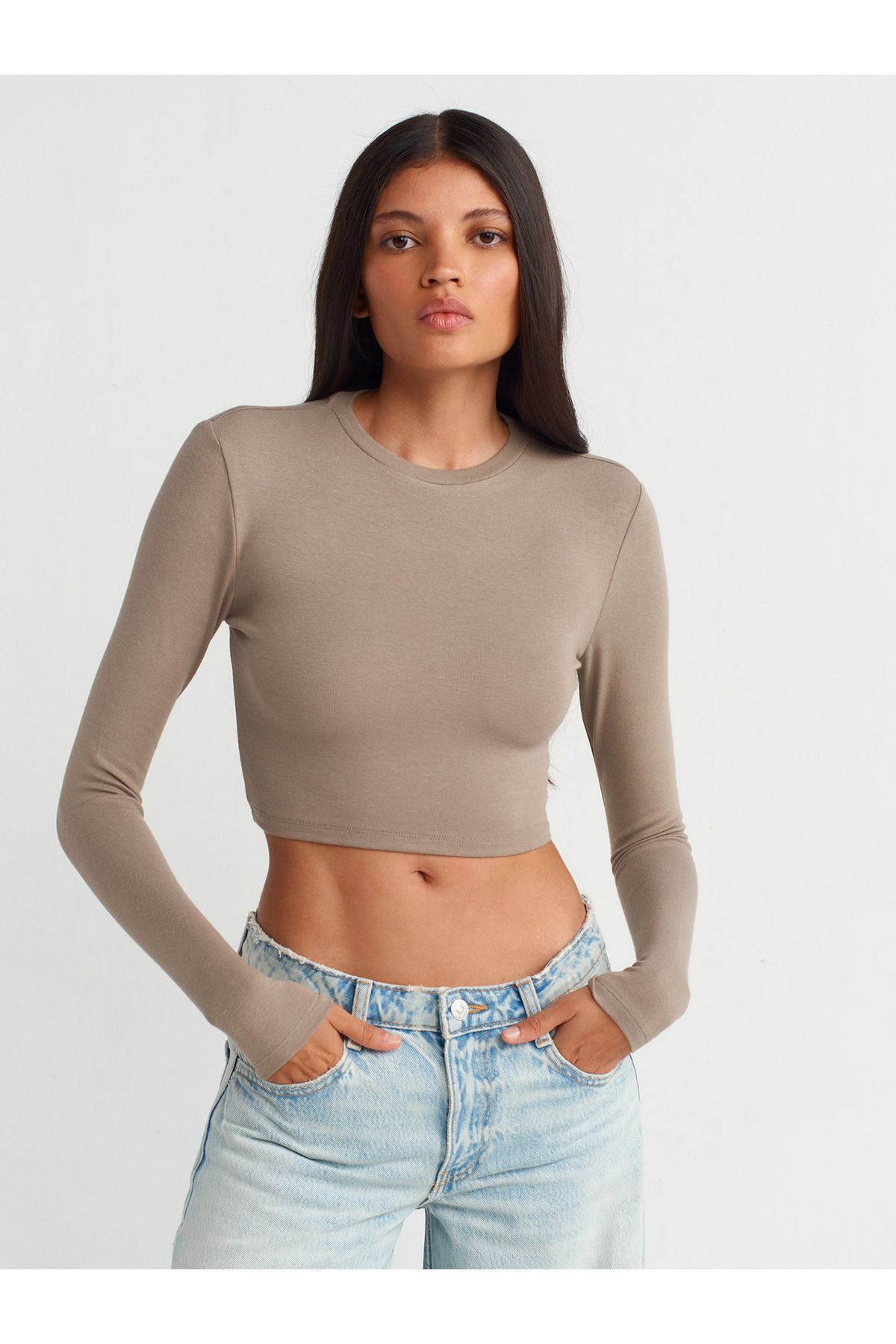 31236 Uzun Kollu Crop Top-Açık Vizon