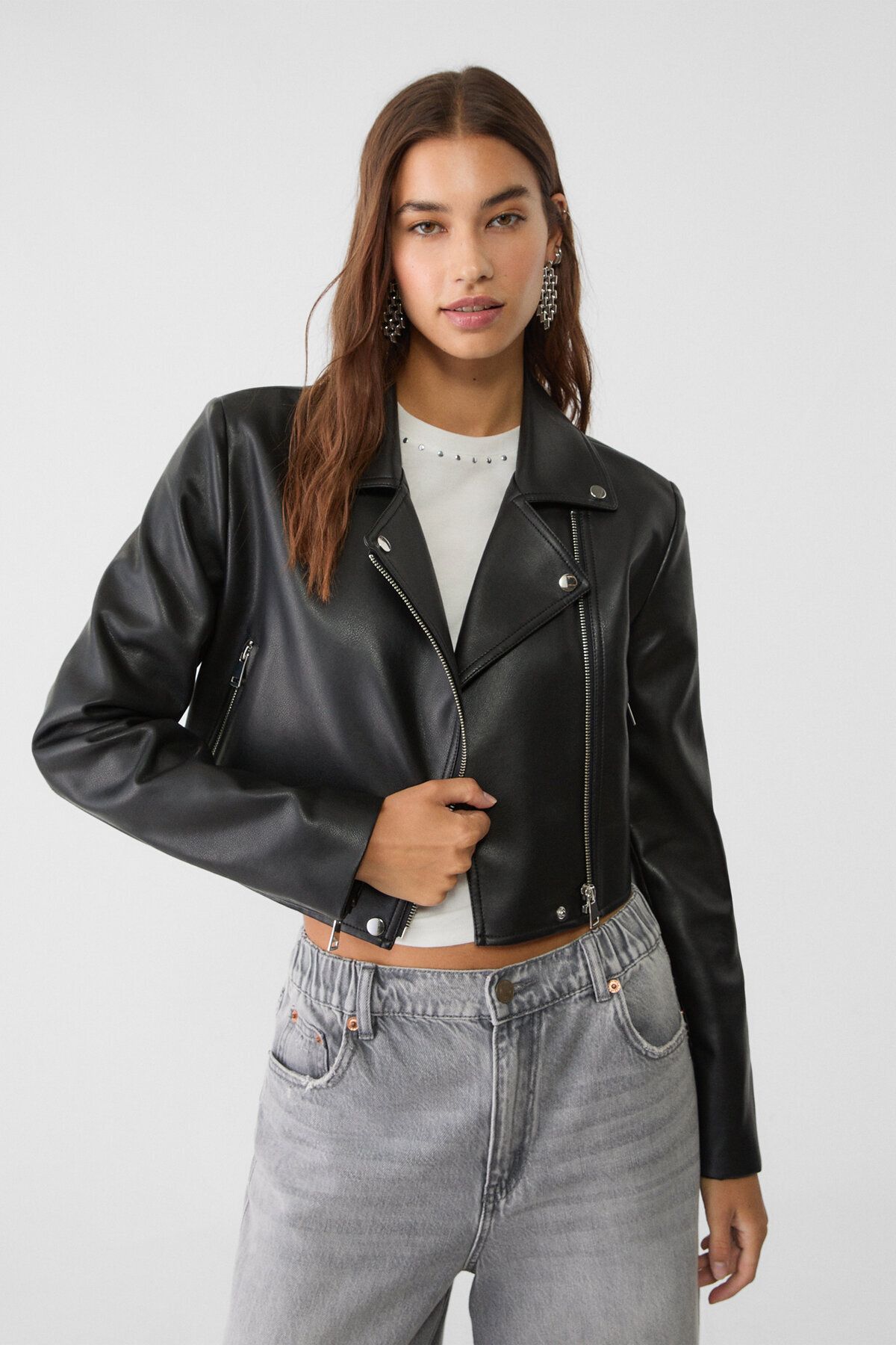 Suni Deri Crop Biker Ceket