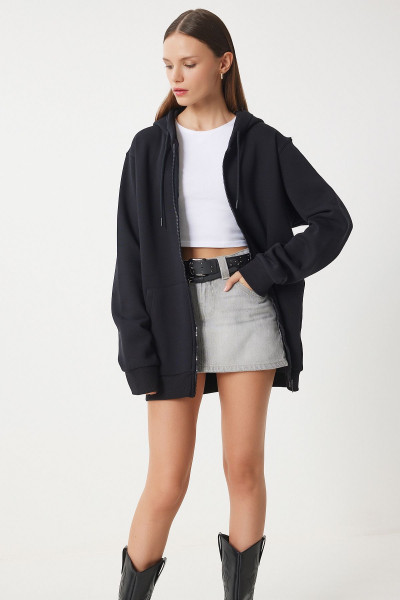 Kadın Siyah Kapüşonlu Şardonlu Fermuarlı Oversize Sweatshirt VN00015 Kadın Siyah Kapüşonlu Şardonlu Fermuarlı Oversize Sweatshirt VN00015