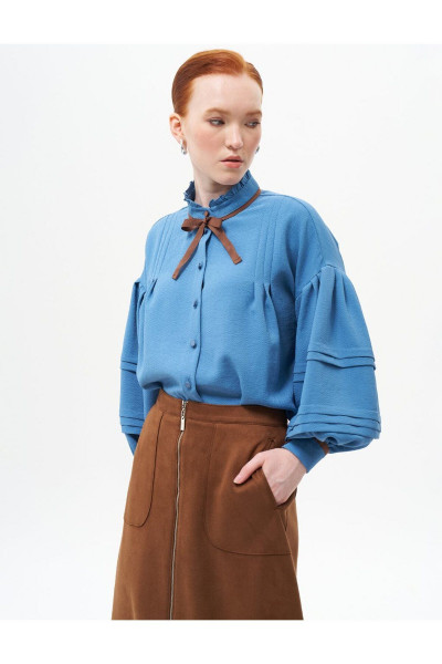 Nervür Detaylı Bağcıklı Bluz Taç Mavisi Nervür Detaylı Bağcıklı Bluz Taç Mavisi